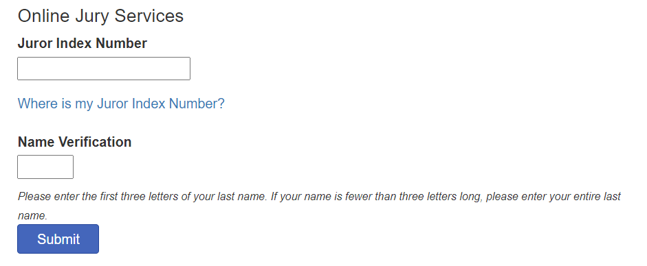 View of signup form with Juror Index Number and Name Verification fields